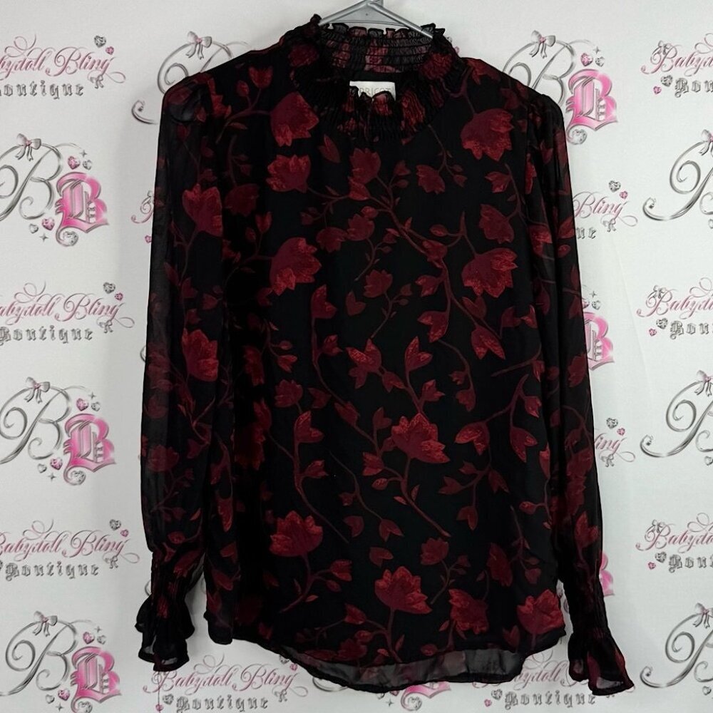 APRICOT blouse long sleeve flare detail smocked Black and Red Floral Blouse
